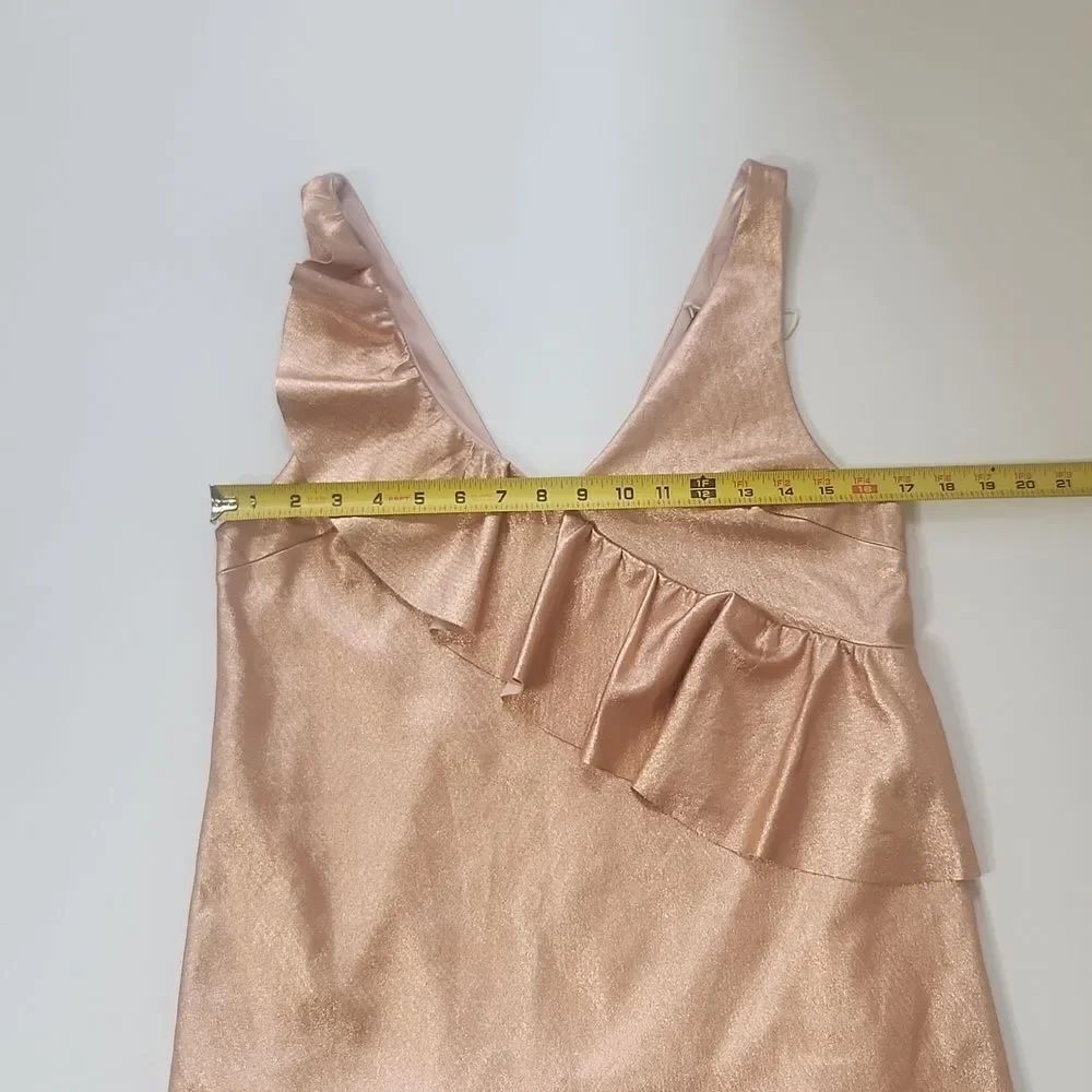 ZARA Metallic Rose Gold Faux Leather Deep V Ruffle Frill Mini PartyDress Small - Picture 8 of 10